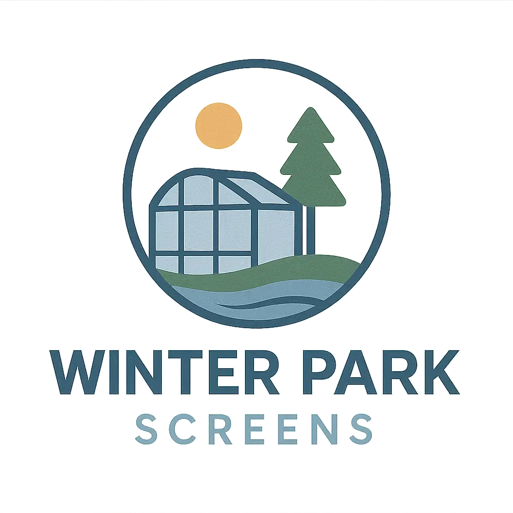 Winter Park Screens company logo featuring a screened enclosure, tree, and sun icon