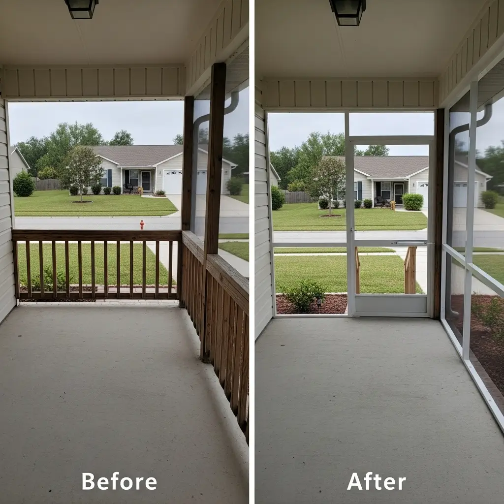 before and after porch screen repair showing new enclosure installation in Winter Park, FL