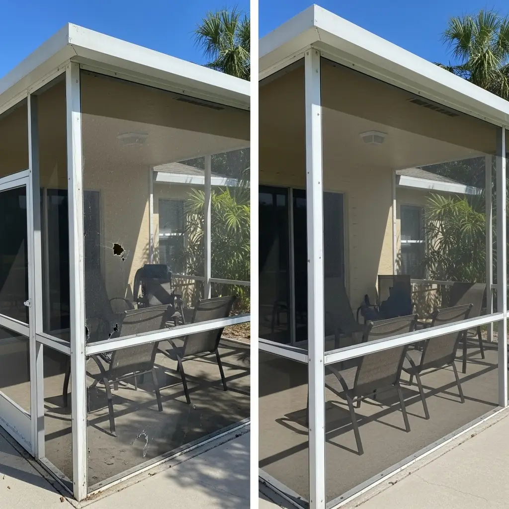 before and after screen repair on residential lanai enclosure in Winter Park, FL