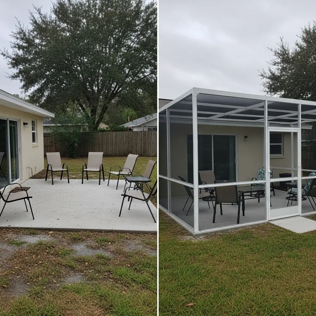 Before and after patio screen enclosure installation over backyard seating area in Winter Park, FL