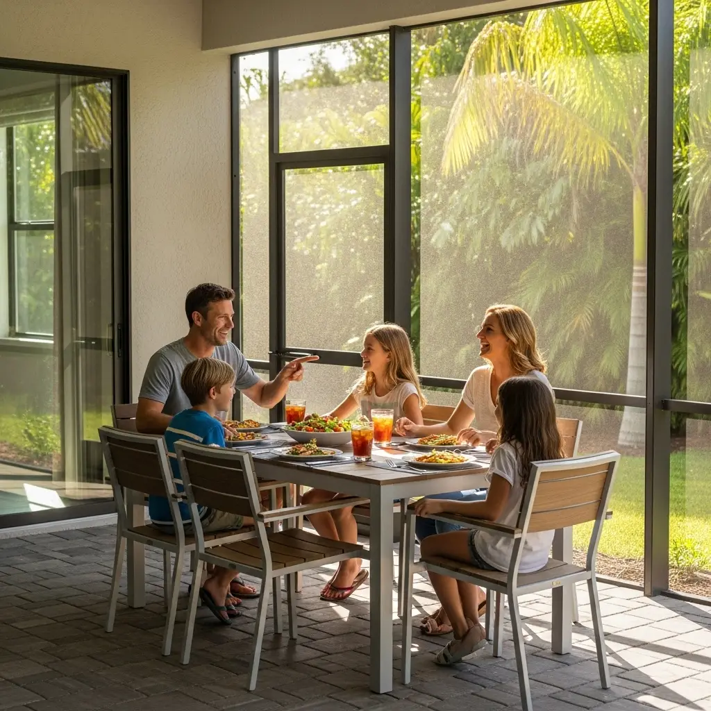 family enjoying dinner inside a screened patio enclosure in Winter Park, FL