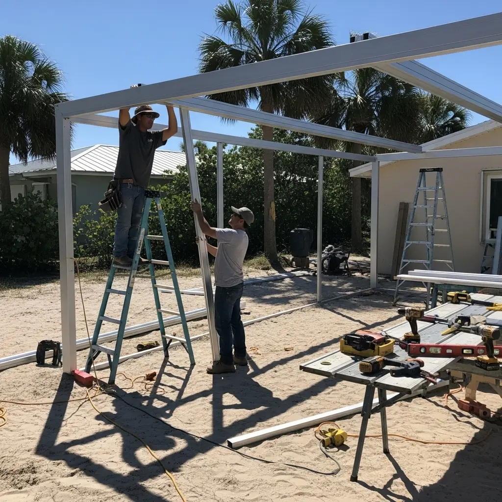 Two workers installing aluminum patio screen frame during construction in Winter Park, FL