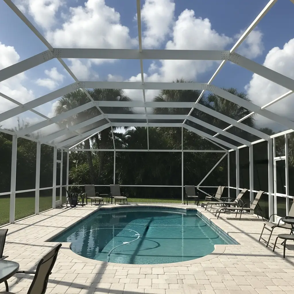 Newly installed white aluminum pool cage enclosure over backyard pool in Winter Park, FL
