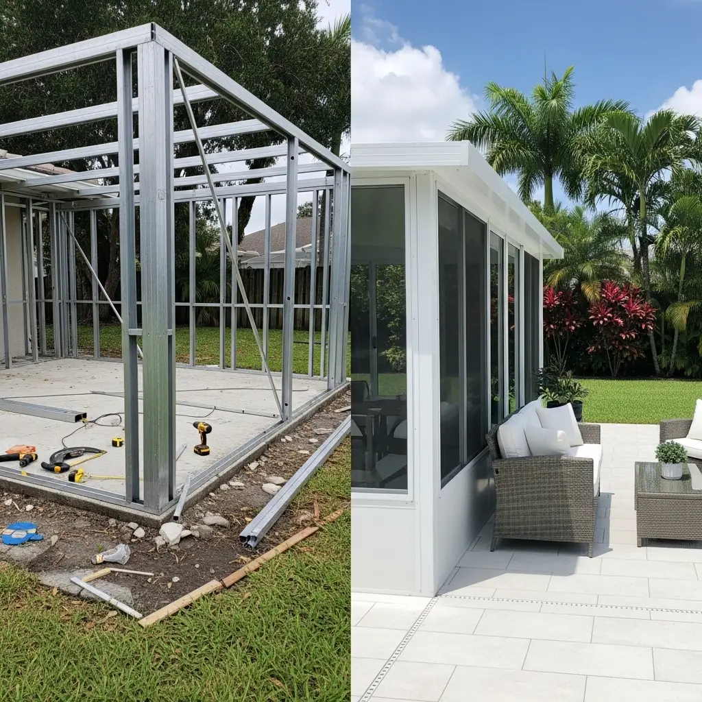 Before and after pool cage rescreening and frame installation in Winter Park, FL