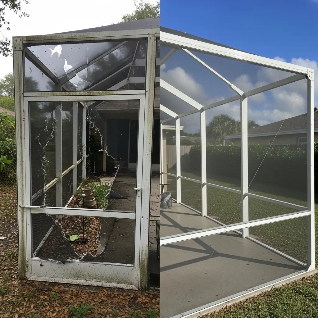 Before and after pool cage screen repair showing restored aluminum enclosure in Winter Park, FL