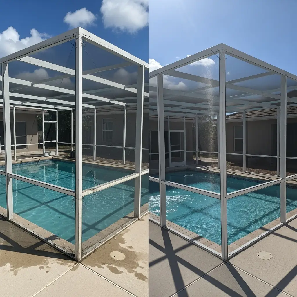 Before and after pool screen enclosure repair showing restored aluminum frame in Winter Park, FL