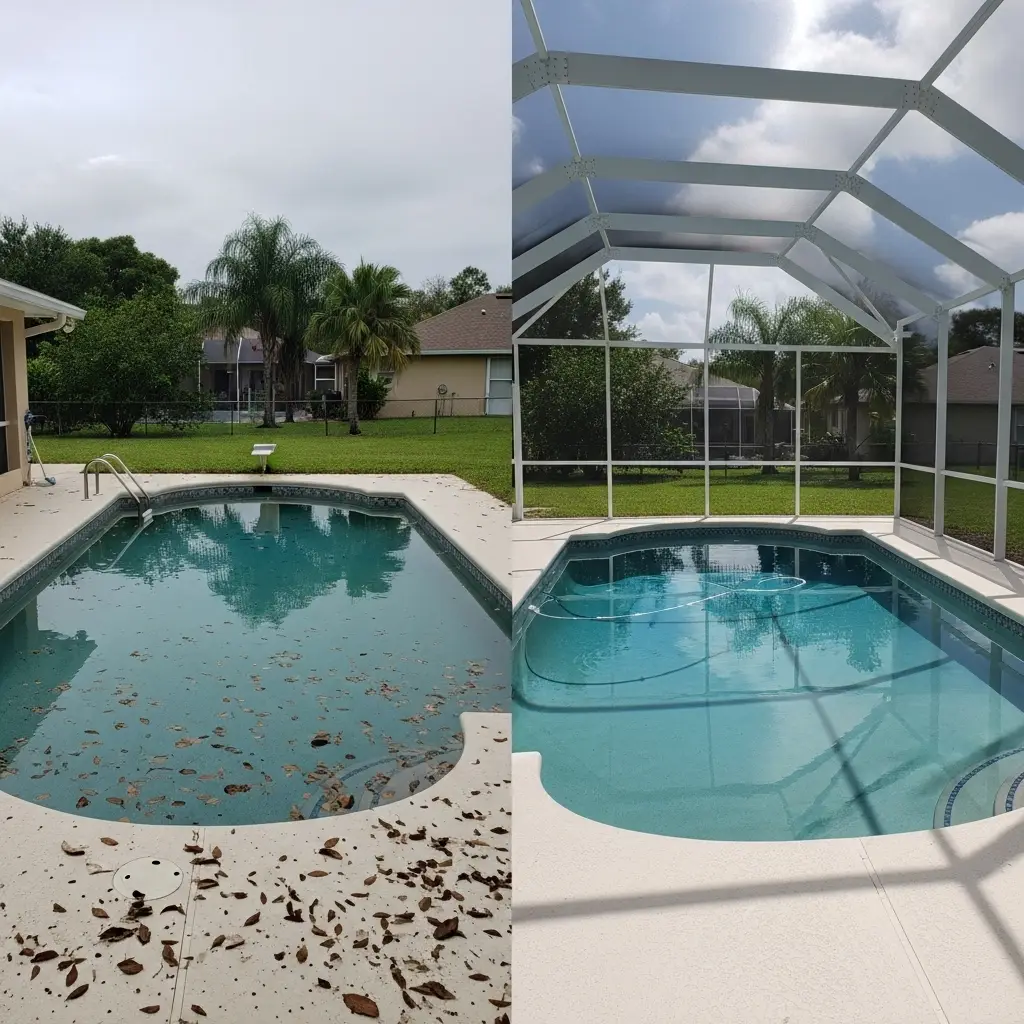 Before and after pool enclosure screen installation keeping pool clean in Winter Park, FL