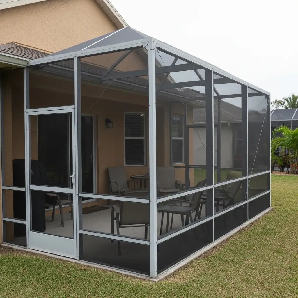 Screened pool enclosure attached to beige home with patio chairs in Winter Park, FL