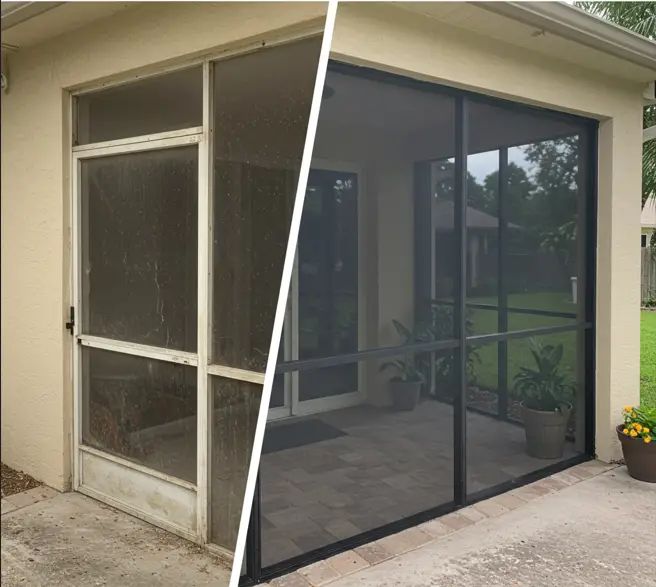 Before and after patio screen door repair showing clean aluminum frame in Winter Park, FL