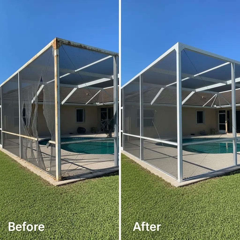 Before and after pool screen replacement showing restored enclosure in Winter Park, FL