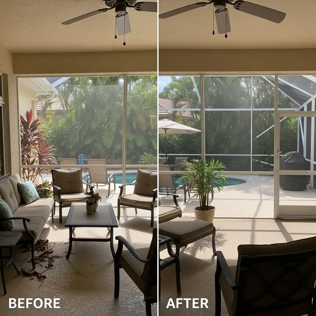 Before and after sunroom window screen repair in Winter Park, FL residential patio
