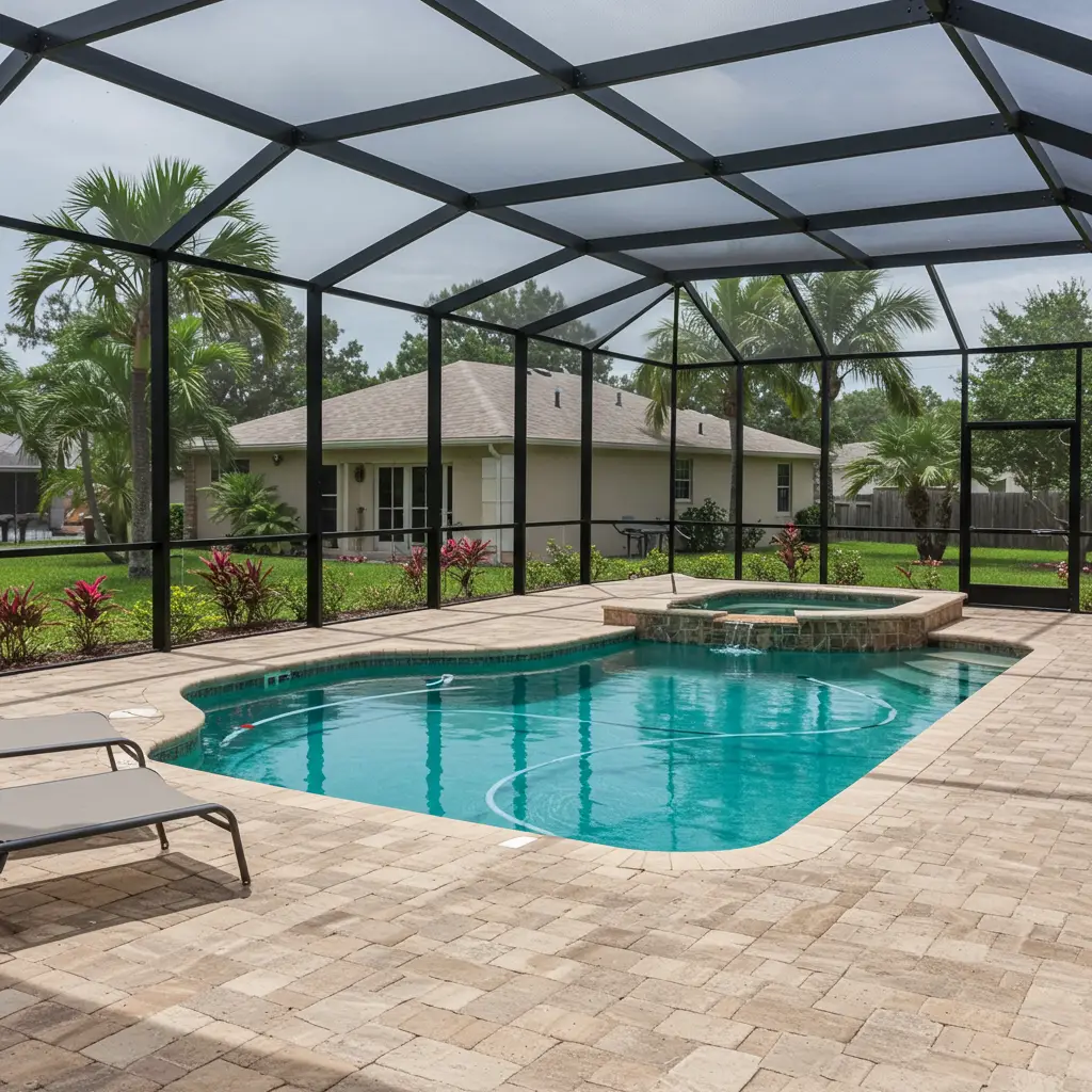 Residential pool area with screened enclosure and hot tub in Winter Park, FL